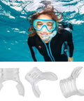 Woman snorkeling with Disposable Dive Mouthpiece For Regulators Transparent Silicone Snorkel Mouthpiece and underwater view.