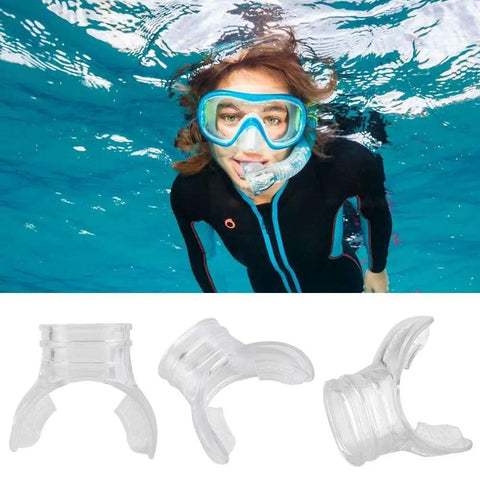 Woman snorkeling with Disposable Dive Mouthpiece For Regulators Transparent Silicone Snorkel Mouthpiece and underwater view.