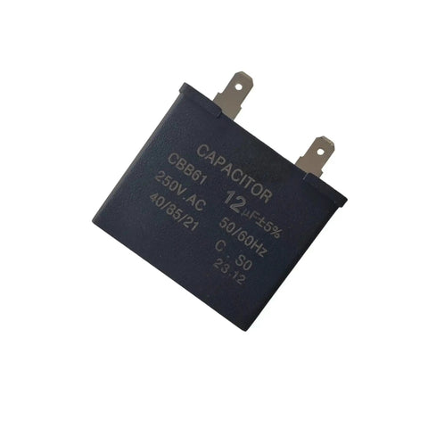 Upgraded Start Relay With WR07X10097 And Matched 12uF 250VAC Run Capacitor Kit close-up of 12uF 250VAC capacitor