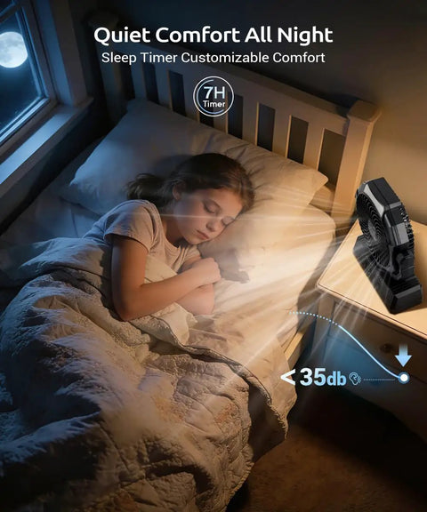 Portable Camping Fan With Lights And 20000mAh Rechargeable Battery beside sleeping child, highlighting quiet operation