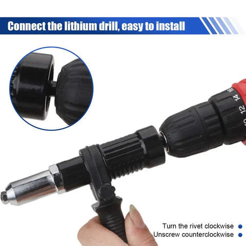 Cordless Rivet Gun Tool Kit With Four Rivet Heads 2.4mm 3.2mm 4.0mm And 4.8mm, Riveter Nut Insert Attachment For Auto Modification And Repair, Aluminum Alloy Build, Heavy Duty Black Finish attached to drill