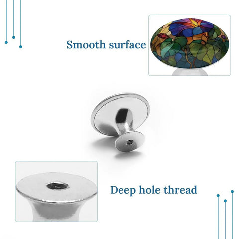 Morning Glory Flower Stained Glass Round Cabinet Knobs with smooth surface and deep hole thread, stainless steel base