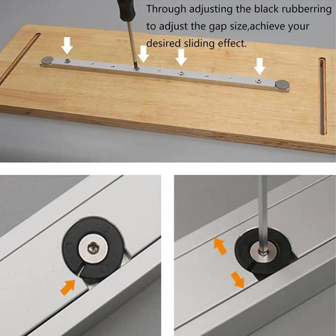 Rugged 300mm Miter Bar And 400mm T Track Set For Table Saw demonstrating predrilled holes and adjustment screws for smooth glide.