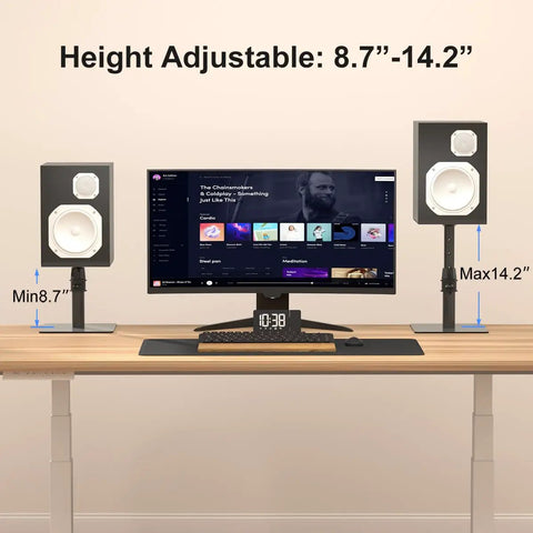 Two Pack Free Standing Universal Desk Speaker Stands That Are Rock Solid With 9.6 By 8.8 Inch Trays Height Adjustable Pole And Tilt Elevate Computer And Bookshelf Speakers To Eye Level Up To 33 Lbs Each Black next to a monitor on a desk
