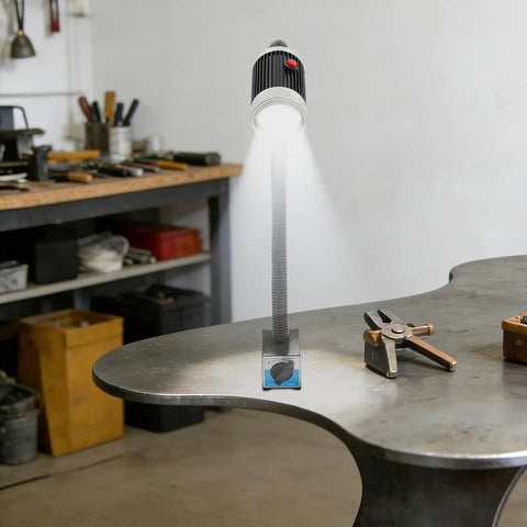 360 Flexible Gooseneck Machine Tool Light 9W Led 6000K white brightness illuminating a workbench, featuring a strong magnetic base.