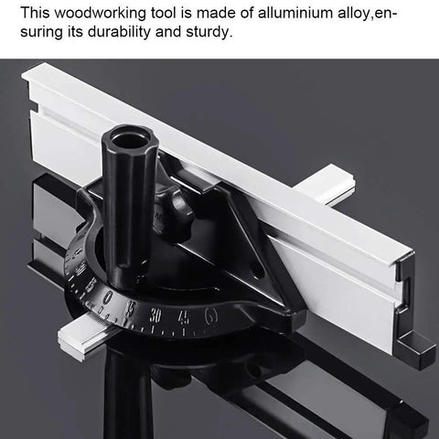 Heavy Duty Rock Solid Miter Gauge Fence System With Precision Angle Plate Ruler And Secure Woodworking Push Block built from durable aluminum alloy.