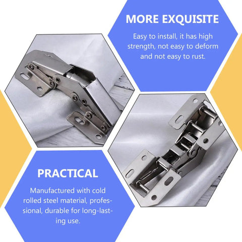 Six Pack 4 Inch Thickened Metal Cabinet Door Hinges for Kitchen and Home, heavy duty steel cupboard hinges on display fabric.