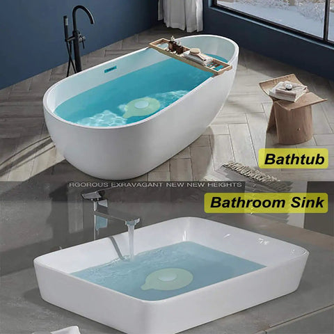 2-Pack Silicone Bathtub Stopper And Drain Filter Set For Hair Catching in a white bathtub and sink, leak-free design in gray.