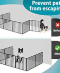 Four Pack Black Fence To Wall Anchors lock down dog playpen as shown in before and after image demonstrating use and functionality.