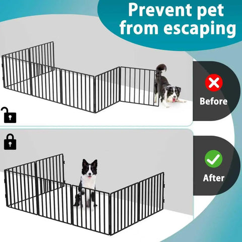 Four Pack Black Fence To Wall Anchors lock down dog playpen as shown in before and after image demonstrating use and functionality.