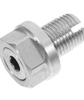 Self-Tapping Oil Drain Bolt Kit Repairs Threaded Pan Holes And Fixes Leaky Stripped Threads With Easy Install Washer Included For Auto Maintenance Work silver steel bolt close-up