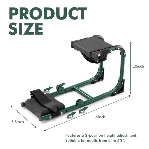 Foldable Garden Kneeler Seat With Adjustable Kneeling Pad And Soft Cushion For Easy Gardening, Back And Knee Relief, Supports Up To 350 Lbs, Ergonomic Design, Lightweight, Storage Friendly. Shown with dimensions of 19 inches long, 6.5 inches wide, and 10 inches high.