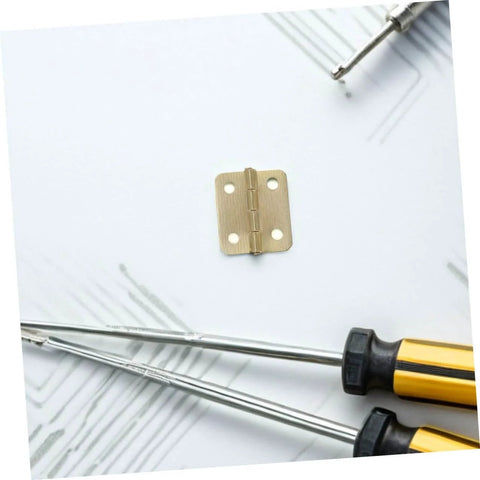 Mini Iron Hinges Hardware Kit With Screws For Wooden Jewelry Boxes And Small Cabinets, shown with screwdrivers on a white surface.