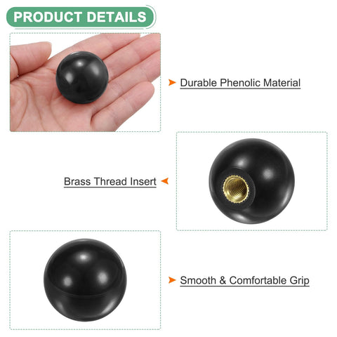 3 Pack Threaded Ball Knobs M8 Female Thread 30mm Diameter Thermoset Ball Knob For Lathe Machine Lawn Mowers Round Phenolic Brass Insert Lever Handle Black Grippy Finish