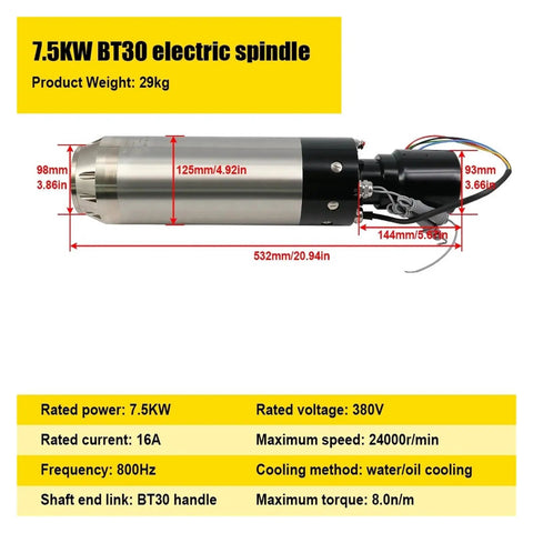 Beefy Water Cooled CNC Spindle Motor 7.5KW 24000RPM BT30 Taper with dimensions and specifications visible.