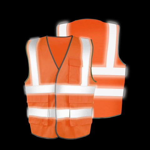Front and back view of High Visibility Reflective Safety Vest Orange Breathable Unisex Adjustable Fit with Magic Tape Closure and 360 Hi Vis Strips.