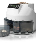 Fast USD Coin Counter And Sorter That Quickly Value Counts Mixed Denominations And Sorts By Denomination Continuous Money Counting Machine For Efficient Cash Handling In Busy Shops And Till Rooms, showing digital display and coin trays
