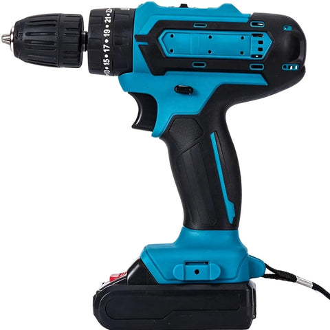 21V Brushless Cordless Drill And Screwdriver Set Heavy Hitter Power Tool Kit With Storage Case side view with ergonomic handle and battery