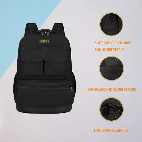 Electrician Tool Backpack With Laptop Compartment Waterproof 600D Polyester Workhorse Gear Bag Front View with Strap Details