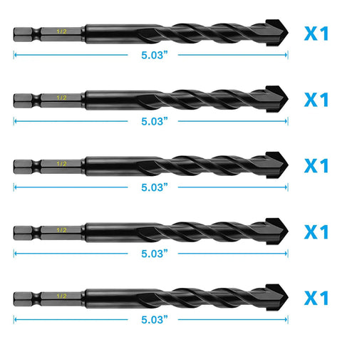 Set of five 1/2 inch bits from Ten Piece Masonry Drill Bits Kit For Concrete Stone Brick Tile Glass Plastic Ceramic And Wood