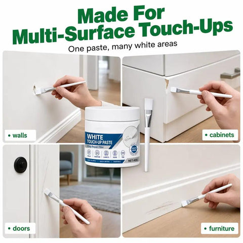 White Touch Up Paste With Brush Kicks Scratches To The Curb Fast Furniture And Wall Repair Putty applied on walls and cabinets.