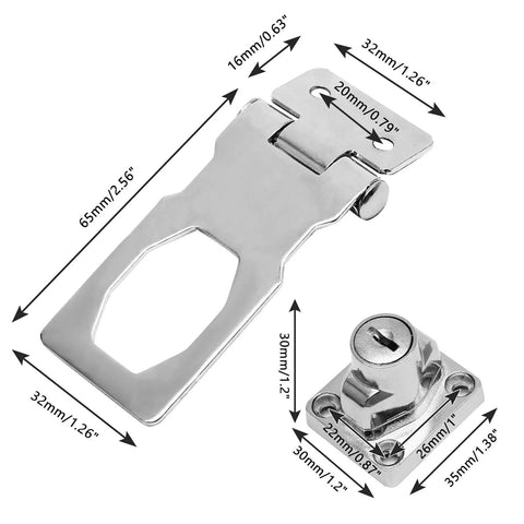 2 Pack Keyed Hasp Locks 2.5 Inch Twist Knob Locking Hasp with size details, durable metal silver for small doors and cabinets