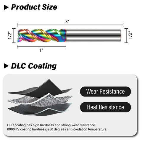 Image of Half Inch Tungsten Carbide End Mills Set With Three Flute DLC Coated CNC Milling Bits, highlighting product size and DLC coating features.