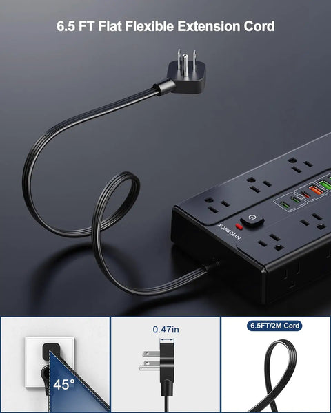 Heavy Duty 16 Outlet Surge Protector Power Strip With Six USB Ports Including USB-C And USB-A 6.5 Foot Flat Plug Extension Cord Overload Protection Ideal Home Office Charging Station For Desktops And Gadgets