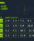 SLICK KIT disposable nitrile glove size chart showing width measurements for S–XL with a hand diagram