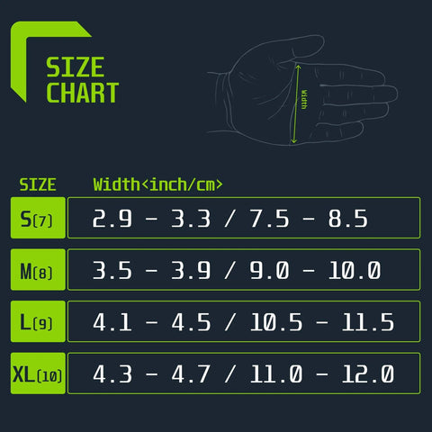 SLICK KIT disposable nitrile glove size chart showing width measurements for S–XL with a hand diagram
