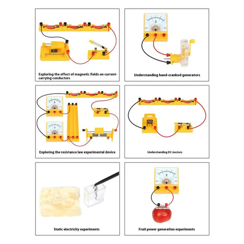 Various setups from the Comprehensive Physics Experiment Kit With 68 Electrical And Magnetic Experiments For Junior And Senior High Students Includes Ammeter Modules And A Double Layer Storage Box Plus A Detailed Step By Step Manual.