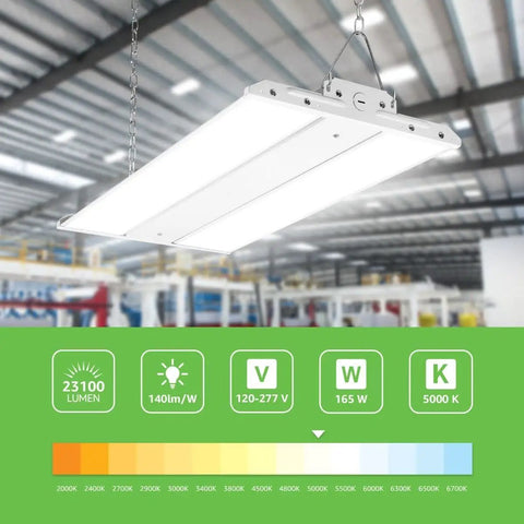 2Ft Liner High Bay LED Shop Light 165W 23,100 Lm 5000K Daylight hanging in an industrial warehouse ceiling setup