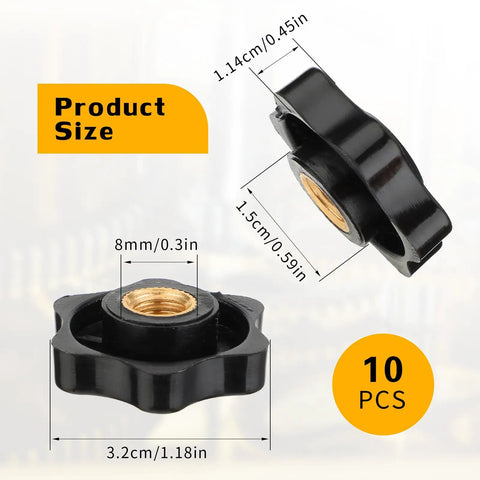 Top Shelf 10 Pack M8 Knurled Clamping Nuts With Slick Black Star Thumb Grips For Dead Simple Machinery Maintenance And Knockout Reliable Latch Adjustments size and dimensions display.