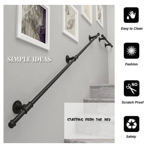 Heavy Duty Wrought Iron Handrail Rock Solid Built For Outdoor Stair Safety Sleek Matte Black Rust Resistant Grab Bar mounted on wall.
