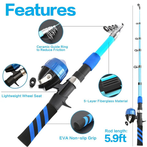 Kid Friendly Telescopic Fishing Rod And Reel Combo Push Button Starter Set for Beginners, Collapsible 5.9 Ft Blue Youth Kit