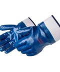 Fully Coated Nitrile Work Gloves With Two And A Half Inch Safety Cuff Jersey Lined For All Day Comfort Grippy Oil And Abrasion Resistant Grip For Tough Industrial Handling In Blue Large Pack Of 12, blue gloves with white cuff