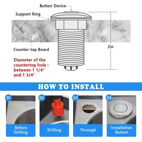 Installation diagram for Brushed Gold Garbage Disposal Switch Kit With Cordless Air On Off Button For Food Waste Disposer