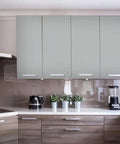 Kitchen cabinets refinished in soft gray with All In One Refinishing Paint Gallon For Furniture And Cabinets In Soft Gray No Stripping Sanding Or Priming Needed Easy To Use Quick Coverage For Do It Yourself Makeovers.