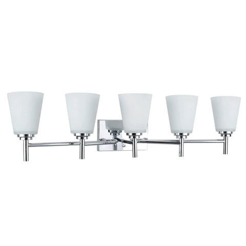 Five Light Chrome Bathroom Vanity Light Fixture With Etched White Glass Shade 33 And A Half Inch Wide Sleek Transitional Design For Above Mirror And Vanity UL Listed