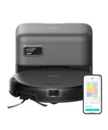 Front view of black C10 Robot Vacuum with Self Emptying Station For Effortless Cleanups And Hands Free Convenience, Smart Mapping With LiDAR Navigation, Slim 2.85 Inch Design, Powerful Suction, Edge Expansion Brush For Pet Hair, Carpet Detection, shown with mobile app interface.