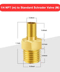 Brass 1/4 NPT to Schrader Valve Adapter Set Of 2 dimensions for Portable Air Compressors and Pumps, no Schrader Valve Core Included.