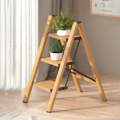 Aluminum 3 Step Folding Ladder With Anti Slip Wide Pedals, Lightweight Portable Stepladder For Home And Kitchen, Space Saving Woodgrain Finish, 330 Lb Capacity, Built Tough, Sturdy And Easy To Use