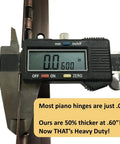 Close-up of a caliper measuring .060 in thickness of Rock Solid 1.5 In X 48 In Continuous Piano Hinge Built Tough With.060 Thick Steel.