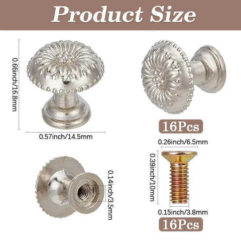 16 Piece Vintage Silver Flower Embossed Drawer Knobs For Kitchens And Dressers Compact Round Metal Pulls With Matching Screws showing product dimensions.