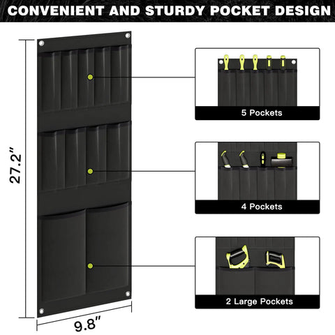 Side view of Power Tool Organizer Cart with Charging Station for 8 Drills Heavy Duty Standing Garage Storage Rack Utility Tool Shelf with Side Pockets Black Finish showing pocket design.