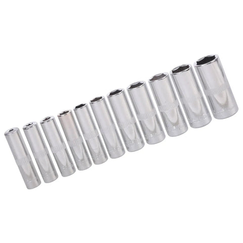 Tough As Nails 11 Pc Socket Set And Hex Wrench Kit Long Reach Extension For Tight Spaces showing silver steel sockets sizes 4mm to 14mm.