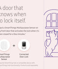 SmartThings Multipurpose Door And Window Sensor With Temperature Monitoring And Zigbee Connectivity next to a connected door lock illustration with a dog.