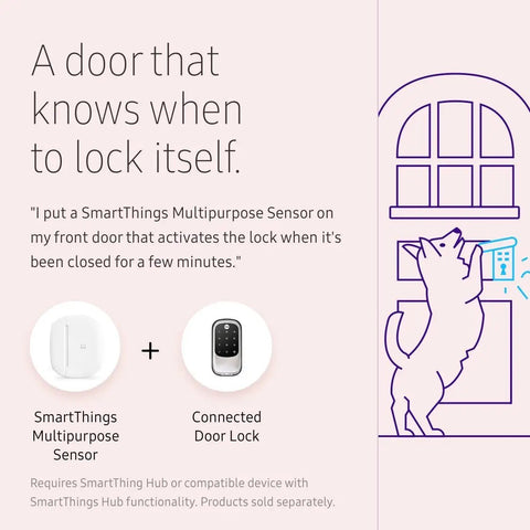 SmartThings Multipurpose Door And Window Sensor With Temperature Monitoring And Zigbee Connectivity next to a connected door lock illustration with a dog.
