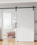 48x84 Inch Sliding Barn Door With 8 Foot Hardware Kit Handle Floor Guides And Easy DIY Installation White MDF Door installed in living room