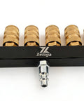 Six Way Air Manifold With One Quarter Inch NPT Quick Connect, industrial pneumatic splitter, six brass fittings.